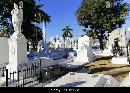 Friedhof Cementerio Santa Ifigenia, Santiago de Cuba, Kuba, Zentralamerika, Friedhofsszene mit zahlreichen weißen Grabsteinen und einer Statue unter Palmen Stockfoto