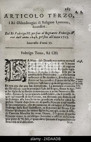 "Mappamondo Istorico". Band V. Teil IV. Leben der Könige von Dänemark und Norwegen, von 1448 bis 1705. Friedrich III. (1609-1670). König von Dänemark und Norwegen (1648-1670). Von Pater Antonio Foresti (1625–1692), von der Gesellschaft Jesu. Parma, 1710. Stockfoto