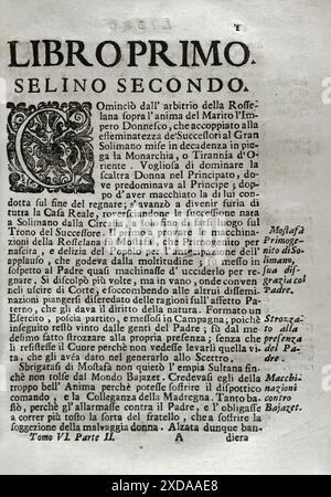 "Mappamondo Istorico". Band VI. Teil II. Das Leben der Osmanischen Kaiser. Buchen Sie Eins. Selim II (1524-1574). Sultan des Osmanischen Reiches (1566-1574). Von Pater Antonio Foresti (1625–1692), von der Gesellschaft Jesu. Venedig und Parma, 1722. Stockfoto