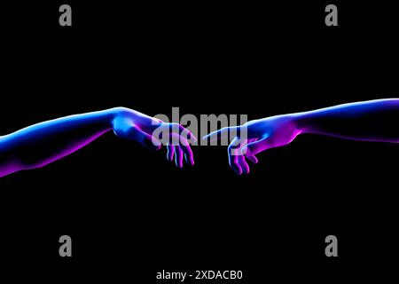 Von Hand zu Hand. Abstrakte Imitation von Michelangelos "die Schöpfung Adams". Gott und Adam überreichen Neonlichter auf schwarzem Hintergrund. 3D-Rendering Stockfoto