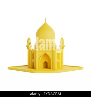 Minimales Design der gelben islamischen Moschee und des Minarettbaumodells im Lehm-Stil auf weißem Hintergrund. 3D-Rendering Stockfoto