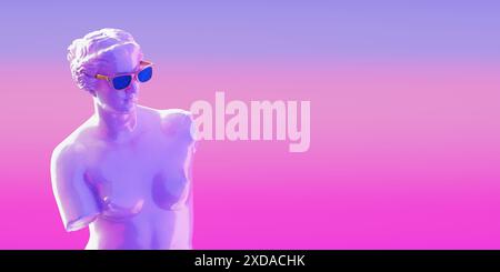 Abstrakte Venus Statue mit Sonnenbrille steht auf einem Sockel in Neonlicht auf einem rosa-blauen Hintergrund. 3D-Rendering Stockfoto