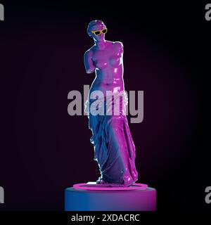 Abstrakte Venus Statue mit Sonnenbrille steht auf einem Sockel in Neonlicht auf schwarzem Hintergrund. 3D-Rendering Stockfoto