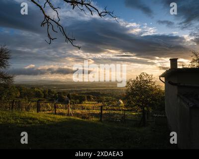 Farbenfroher Sonnenuntergang Sonnenaufgang über den Weinbergen am Balaton See, Ungarn, im Herbst, goldene Stunde Licht, schöner Himmel Stockfoto