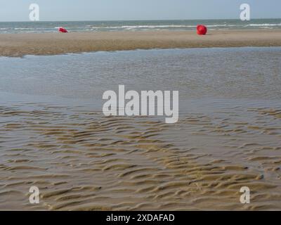 Zwei rote Bojen liegen am Sandstrand, während sich das Wasser im Vordergrund ausdehnt und der Horizont im Hintergrund erscheint, de haan, belgien Stockfoto