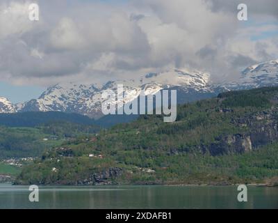 Schneebedeckte Berge und grüne Wälder spiegeln sich in einem ruhigen Gewässer unter einem bewölkten Himmel im Eidfjord, norwegen Stockfoto