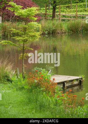 Ein kleiner Steg an einem ruhigen See, umgeben von Bäumen und Grün. Eine friedliche Parklandschaft, in der Nähe von england, Großbritannien Stockfoto