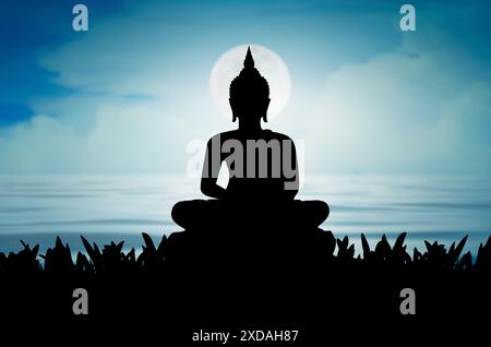 Buddha Statue Silhouette Buddha sitzt auf Lotusblume auf Himmel und Mond auf blauem Hintergrund Stockfoto