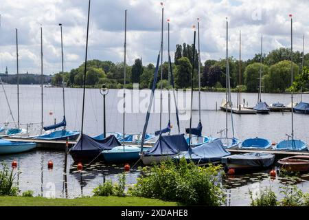 Segelboote im Jachthafen der Segelgemeinschaft Hamburg e.V. im Sommer auf der Alster, Hamburg, Deutschland Stockfoto