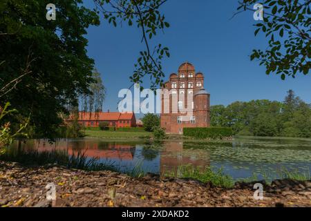 Spätgotisches Herrenhaus Hesselagergaard mit Park, 16. Jahrhundert, See, Privatgrundstück, Fyn, Insel Fünen, Dänemark, Hesselager, Fyn, Insel von Stockfoto