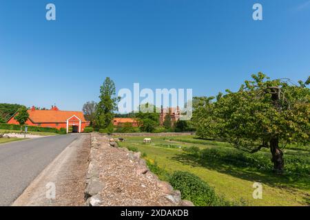 Spätgotisches Herrenhaus Hesselagergaard, Straße, Obstbäume, Bauernhöfe, Eingangstor, 16. Jahrhundert, Privatbesitz, Fyn, Insel Funen Stockfoto