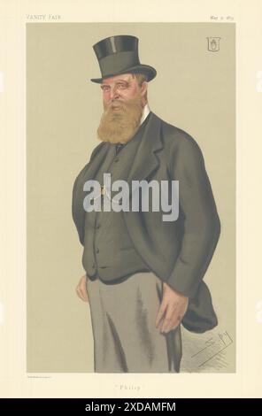 EITELKEIT FAIR SPIONAGE CARTOON Sir Philip Miles, ,. SOMT 1879 alter Antikdruck Stockfoto