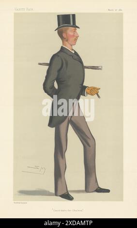 EITELKEIT FAIR SPIONAGE CARTOON Lord Inverurie 'Kandidat für Chelsea' London 1880 Stockfoto