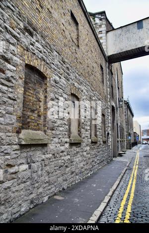 Die Steinmauern der Guinness-Fabrik mit Kopfsteinpflasterstraßen. Stockfoto