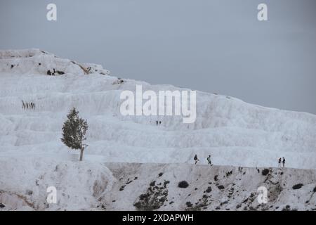 An einem sonnigen Tag, in der Nähe der antiken Stadt Hierapolis, spazieren Sie auf den wunderschönen weißen Travertinen von Pamukkale in Türkiye, ein klassischer Touristenausflug. Stockfoto