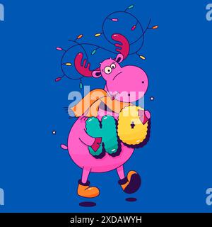 Weihnachtlich grooviger psychedelischer Hirsch mit HO-Buchstaben. Stock Vektor