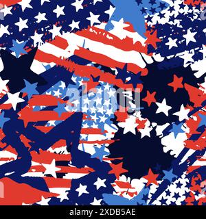 Abstrakte Aquarellmuster in den USA. Farben und Elemente der amerikanischen Flagge im trendigen Hintergrund. Handgezeichnete Vektorgrafik. Modischer Textildruck, Stock Vektor