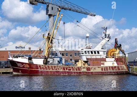 Das Fischereifahrzeug HD-36 Volharding bei Damen Shipyards, den Helder, Niederlande für Wartungsarbeiten Stockfoto