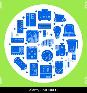 Runde Posterschablone für die Heimautomatisierung in flachem Stil. Banner mit Smart Things Silhouette-Symbolen. Vektorabbildung. Stock Vektor