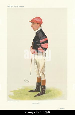 EITELKEIT FAIR SPION CARTOON Arthur Templeman 'A Rising Star' Jockey 1906 alten Druck Stockfoto
