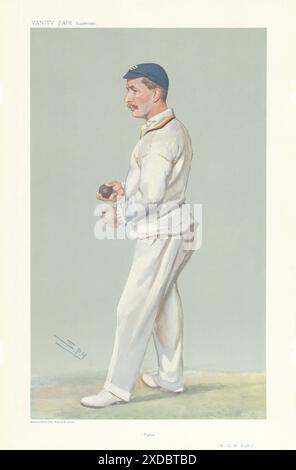 EITELKEIT, SPIONAGE, CARTOON Cyril Wells "Vater" Cricket. Bowler 1907, alter Abdruck Stockfoto