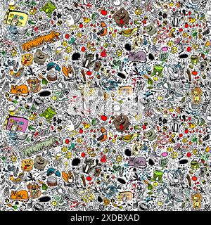 Nahtloses Muster von niedlichen Linien verschiedener Tiere. Tapeten für ein Kinderzimmer drucken. Handzeichnung. Nicht AI, Vektorillustration Stock Vektor