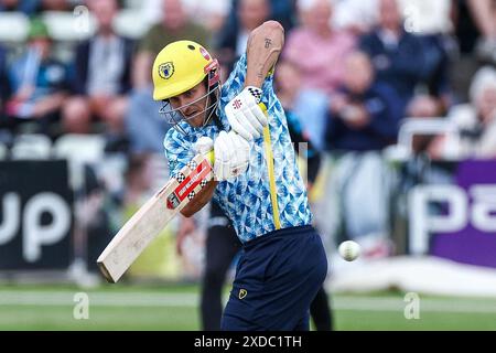 Worcester, Großbritannien. Juni 2024. Sam Hain spielte mit dem Schläger während des Vitality T20 Blast Matches zwischen Worcestershire Rapids und Birmingham Bears in New Road, Worcester, UK am 21. Juni 2024. Foto von Stuart Leggett. Nur redaktionelle Verwendung, Lizenz für kommerzielle Nutzung erforderlich. Keine Verwendung bei Wetten, Spielen oder Publikationen eines einzelnen Clubs/einer Liga/eines Spielers. Quelle: UK Sports Pics Ltd/Alamy Live News Stockfoto