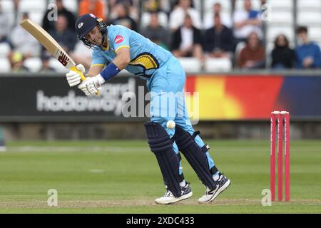 Joe Root aus Yorkshire in Batting-Action während des Vitality T20 Blast Matches zwischen Durham und Yorkshire Vikings im Seat Unique Riverside, Chester le Street am Freitag, den 21. Juni 2024. (Foto: Robert Smith | MI News) Credit: MI News & Sport /Alamy Live News Stockfoto