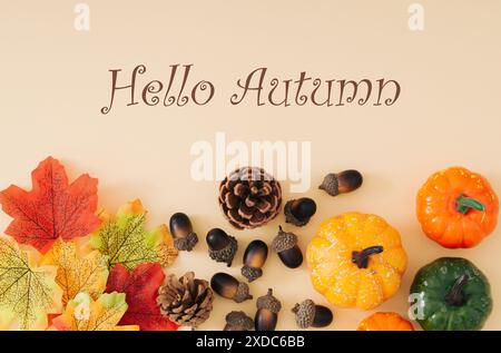 Herbst- oder Herbstszene mit bunten Herbstblättern, verschiedenen Kürbissen, Tannenzapfen und Nüssen mit Text Hello Autumn auf pastellbeigem Hintergrund. Stockfoto