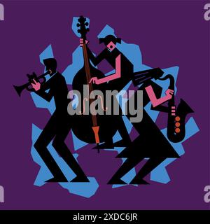 Jazzband, dixieland, Kontrabass, Saxophon, Trompete. Lustige flache Illustration von zwei Jazzmusikerinnen und Mann mit Trompete. Schwarze Silhouette Stock Vektor