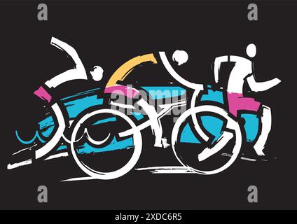 Triathlon-Rennen, Läufer, Schwimmer, Radfahrer, ausdrucksstark gestylt. Drei Triathlon-Athleten auf schwarzem Hintergrund. Vektor verfügbar. Stock Vektor