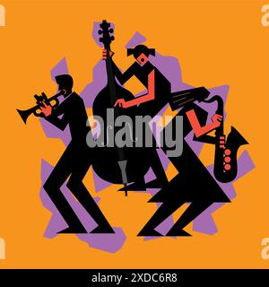 Jazzband, dixieland, Kontrabass, Saxophon, Trompete. Lustige flache Illustration von zwei Jazzmusikerinnen und Mann mit Trompete. Schwarze Silhouette Stock Vektor