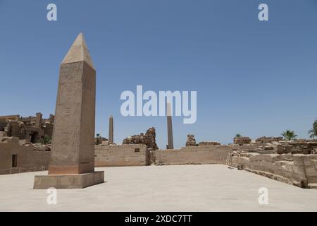 2022 wurden die 11 Meter hohen, 90 Tonnen schweren Überreste eines zweiten Obelisken, der von der Hatschepsut angeordnet wurde, an seinem ursprünglichen Standort im Karnak-Tempel in Ägypten wiedererrichtet. Stockfoto