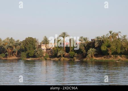 Hell bemalte, gepflegte Häuser am frühen Morgen im Sonnenlicht auf dem Nil zwischen Esna und El-Kab, Ägypten. Stockfoto