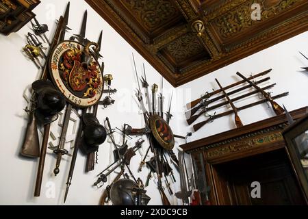 Sinaia, Rumänien - 26. August 2022: Sammlung verschiedener Waffen und Rüstungen von Rittern an der Wand im Schloss Peles. Das reiche Innere der Peles Stockfoto