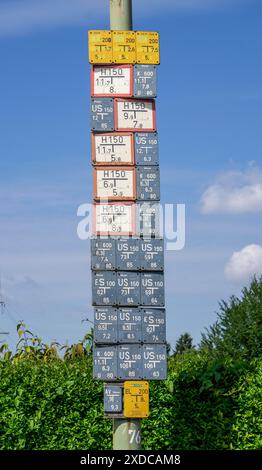 Schilder für Versorgungseinrichtungen, in der Regel auf der Straße, auf dem Bürgersteig, weisen auf unterirdische Hydranten, Schieber, Wasserversorgung, Abwasserentsorgung, Gasleitungen, Bezirk Stockfoto