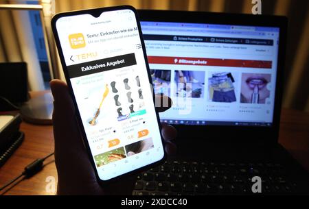 Auf einem Laptop wurde die Website des Online-Marktplatzes Temu abgerufen. Osdorf Hamburg *** die Website des Online-Marktplatzes Temu wurde über einen Laptop Osdorf Hamburg aufgerufen Stockfoto