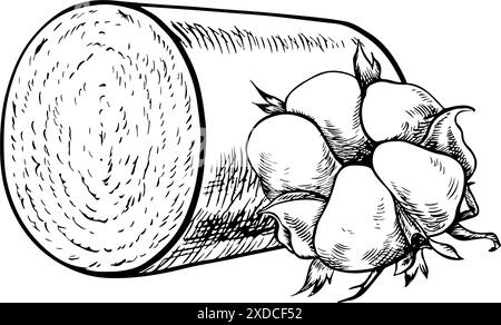 Eine Rolle geerntete Bio-Baumwolle und eine Baumwoll-Pflanzenkäste. Schwarzweiß, detailliert, Grafik, Vektorillustration. Isolieren, handgezeichnet auf einem weißen bac Stock Vektor