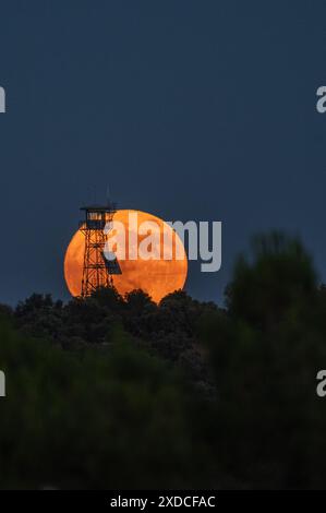 Madrid, Spanien. Juni 2024. Der Vollmond im Juni, bekannt als Erdbeermond, erhebt sich über einem Feueraussichtsturm, der mit der Sommersonnenwende zusammenfällt. Quelle: Marcos del Mazo/Alamy Live News Stockfoto