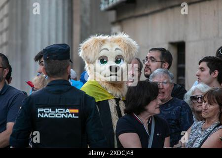 Madrid, Spanien. Juni 2024. Anhänger des argentinischen Präsidenten Javier Milei warten vor dem Madrid Casino auf ihn, wo er heute Nachmittag eine Auszeichnung erhielt. Quelle: D. Canales Carvajal/Alamy Live News Stockfoto