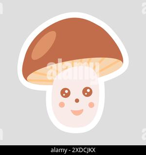 Aufkleber mit nettem fröhlichem Pilz, Cartoon-Stil Vektor-Illustration für Kinder Stock Vektor