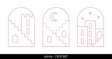 Orientalisch-islamische Fenster, Bögen, Rahmen. Lineare Landschaft, arabische Stadtvektorillustrationen. Stock Vektor