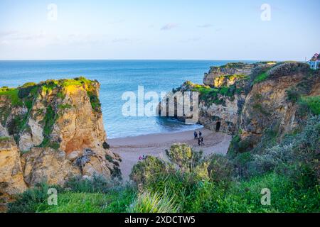 Wunderschöner Meeresstrand in Lagos 'Praia da Batata' mit grasbewachsenen hohen Klippen und wunderschönen Grotten. Panorama auf Strand und Meer. Stockfoto