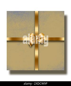 Eine goldene Geschenkbox ist von oben mit goldenem Band und Schleife in einer 3D-Illustration zu sehen. Stockfoto