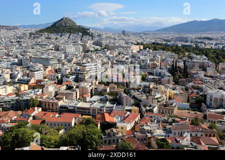 Stadtbild von Athen, Blick von der Akropolis, Griechenland. Stockfoto