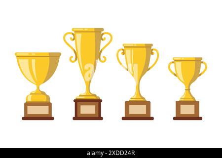 Vier goldene Becher-Trophäen auf weißem Hintergrund. Die Becher sind in einer Reihe angeordnet Stock Vektor