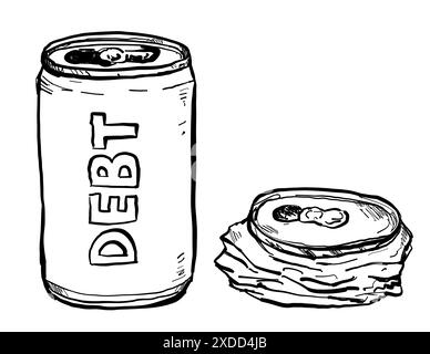 Zeichnung Skizze Stil Illustration einer Soda Dose mit Schuldtextschreiben und einer zerknitterten auf isoliertem Hintergrund in Schwarz-weiß-Ine Stock Vektor