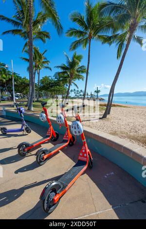 Vermietung von roten Elektrorollern, Strand Park, Townsville, Far North Queensland, FNQ, QLD, Australien Stockfoto