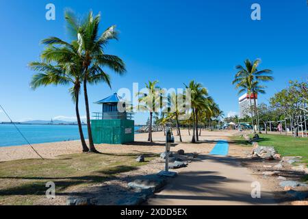 Blick auf den von Palmen gesäumten Sandstrand entlang The Strand, Townsville, Far North Queensland, FNQ, QLD, Australien Stockfoto