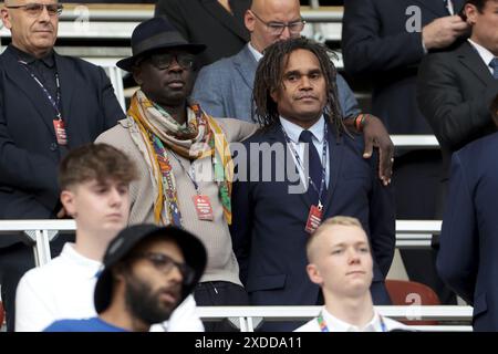 Lilian Thuram und Christian Karembeu während der UEFA Euro 2024, Gruppe D, Fußballspiel zwischen den Niederlanden und Frankreich am 21. Juni 2024 in der Red Bull Arena in Leipzig Stockfoto